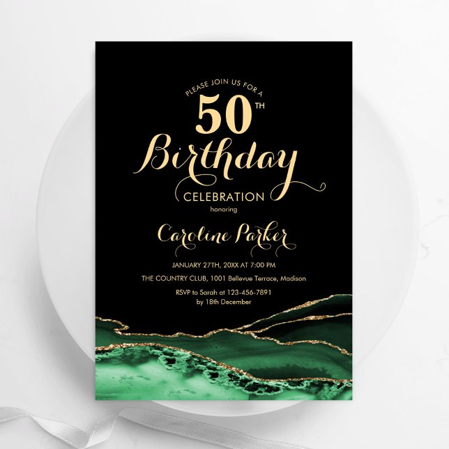 Emerald Green Black Gold Agate 50th Birthday Invitation (Creator Uploaded)