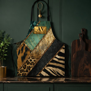 Emerald Green Black Gold Animal Print Apron