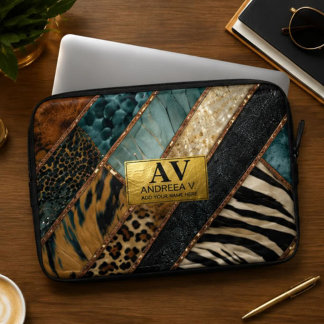 Emerald Green Black Gold Animal Print Laptop Sleeve