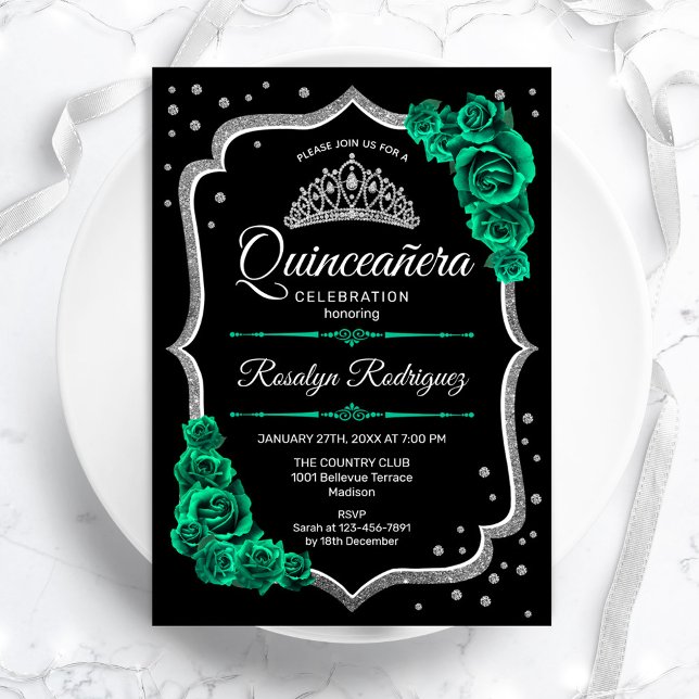 Emerald Green Black Silver Elegant Quinceanera Invitation (Creator Uploaded)