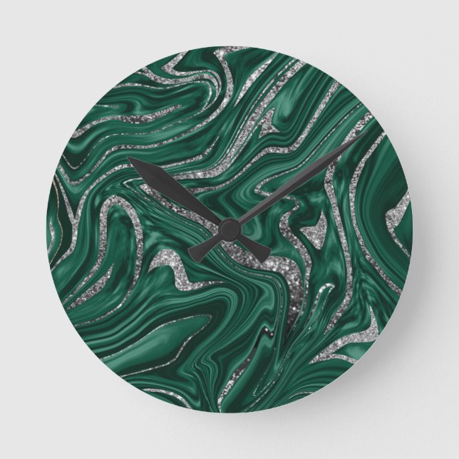Emerald Green Black Silver Glitter Marble #1  Round Clock (Front)