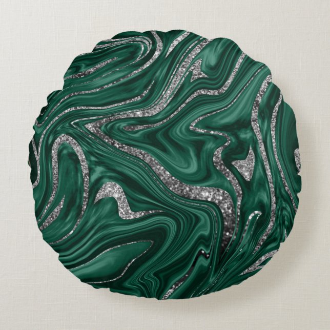 Emerald Green Black Silver Glitter Marble #1  Round Cushion (Front)
