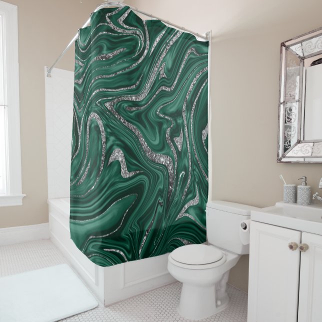 Emerald Green Black Silver Glitter Marble #1  Shower Curtain (In Situ)