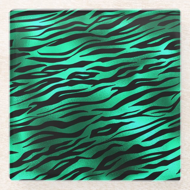 Emerald Green Black Tiger Stripes Wild Animals Glass Coaster (Front)
