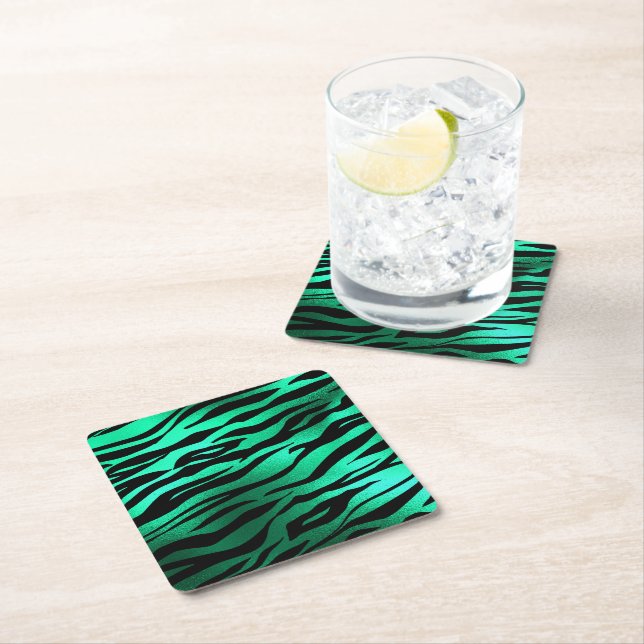 Emerald Green Black Tiger Stripes Wild Animals Square Paper Coaster (Insitu)