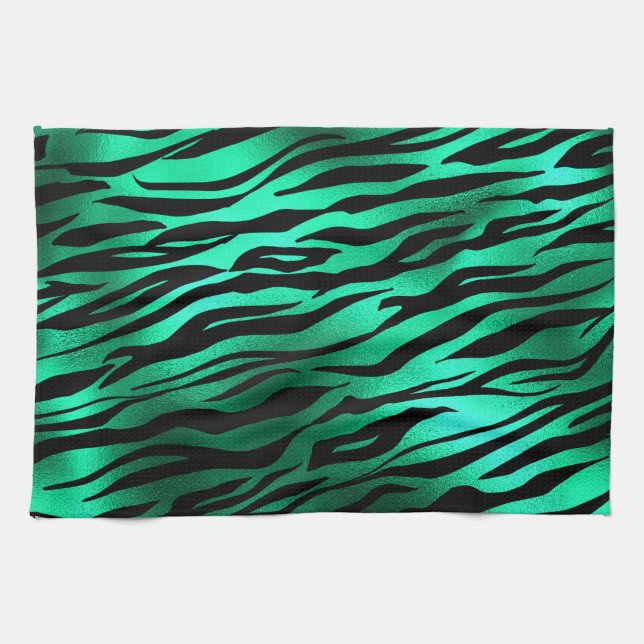 Emerald Green Black Tiger Stripes Wild Animals Tea Towel (Horizontal)