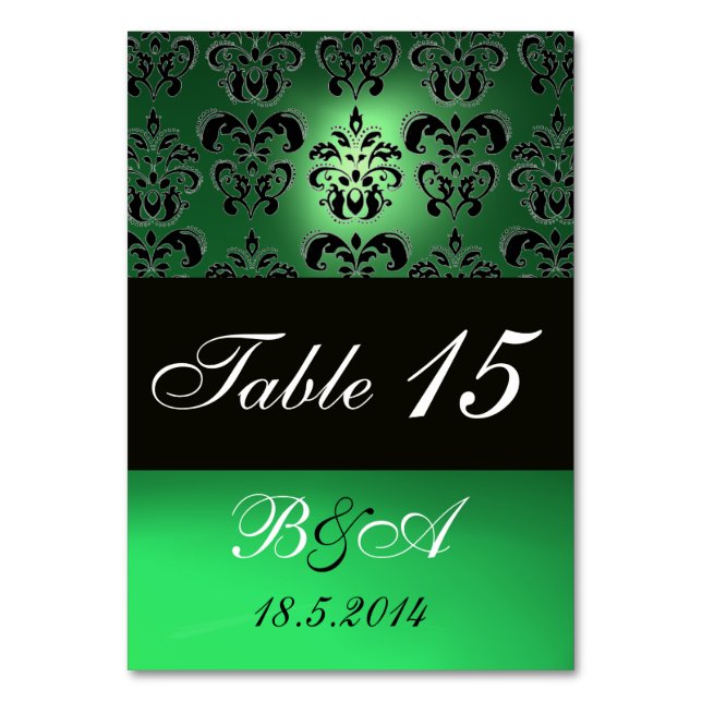 EMERALD GREEN BLACK WHITE CLASSY DAMASK MONOGRAM TABLE NUMBER (Back)