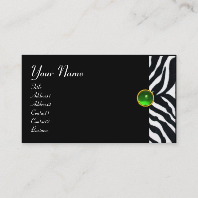 EMERALD GREEN BLACK WHITE ZEBRA FUR MONOGRAM BUSINESS CARD (Front)