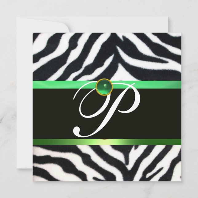 EMERALD GREEN BLACK WHITE ZEBRA FUR MONOGRAM INVITATION (Front)