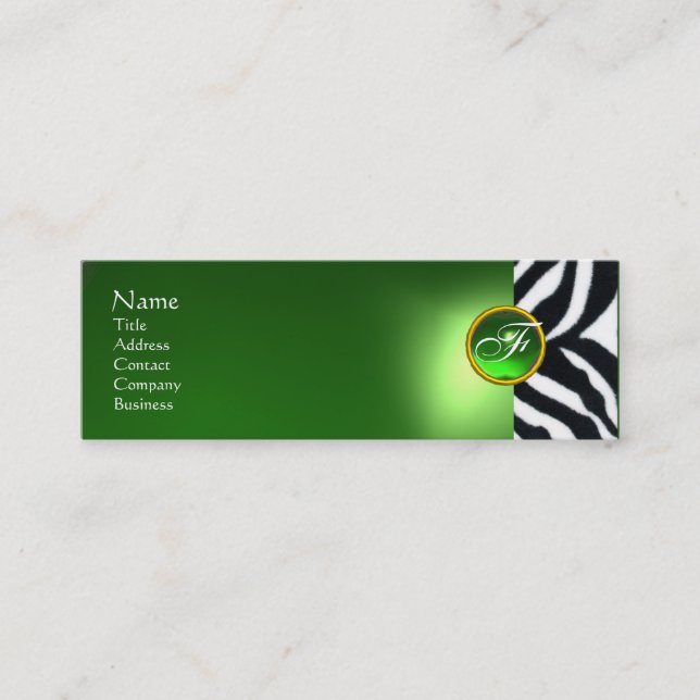 EMERALD GREEN BLACK WHITE ZEBRA FUR MONOGRAM MINI BUSINESS CARD (Front)