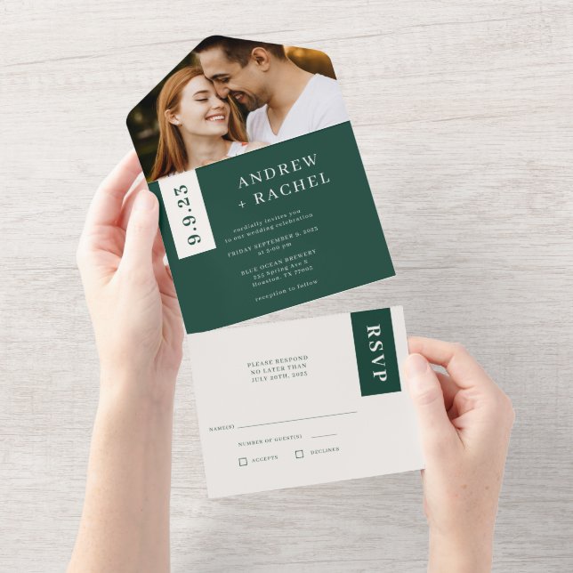 Emerald Green Blocks Fall Wedding Photo  All In One Invitation (Tearaway)