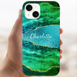 Emerald green blue agate marble name script Case-Mate iPhone 14 case<br><div class="desc">Emerald green and blue agate,  marble stone print as background Personalise and add your name. The name is written with a modern hand lettered style script.</div>