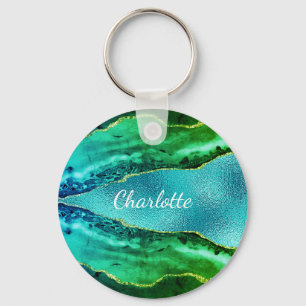 Emerald green blue agate marble name script  key ring