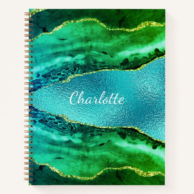 Emerald green blue agate marble name script notebook (Front)