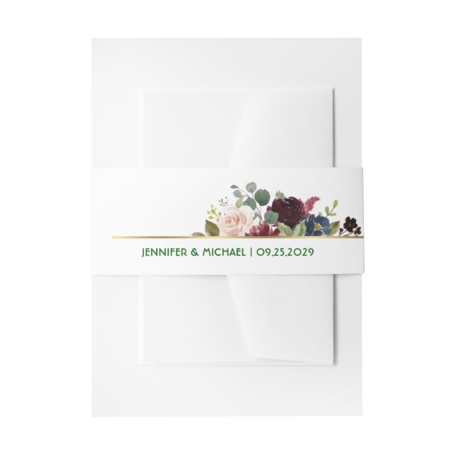  Emerald Green Blue Burgundy Gold Floral Blooms In Invitation Belly Band (Front Example)