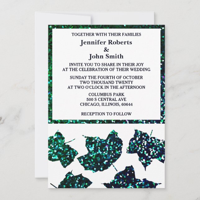 Emerald Green Blue Ombre Glitter Fall Leaf Wedding Invitation (Front)
