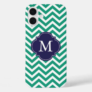 Emerald Green & Blue Zigzags Pattern Monogram iPhone 16 Plus Case