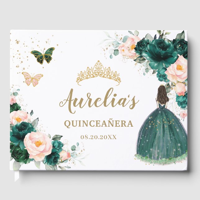 Emerald Green Blush Floral Princess Quinceañera Guest Book (Front)