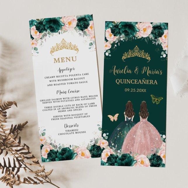 Emerald Green Blush Floral Twins Quinceañera Menu (Creator Uploaded)