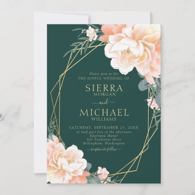 Emerald Green Blush Gold Peach Floral Wedding Invitation (Front)