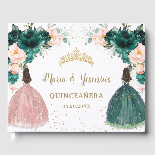 Emerald Green Blush Pink Floral Twins Quinceañera Guest Book (Front)
