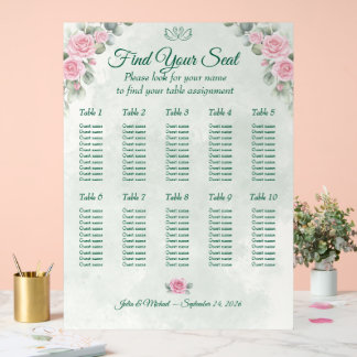 Emerald Green & Blush Rose Wedding Seating Chart