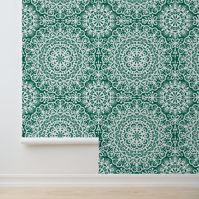 Emerald Green Bohemian Mandala White Lace Wallpaper (Application)