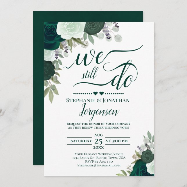 Emerald Green Boho Floral We Still Do Vow Renewal Invitation (Front/Back)