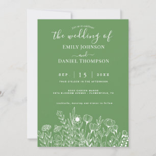 Emerald Green Boho Minimalist Floral Wedding Invitation