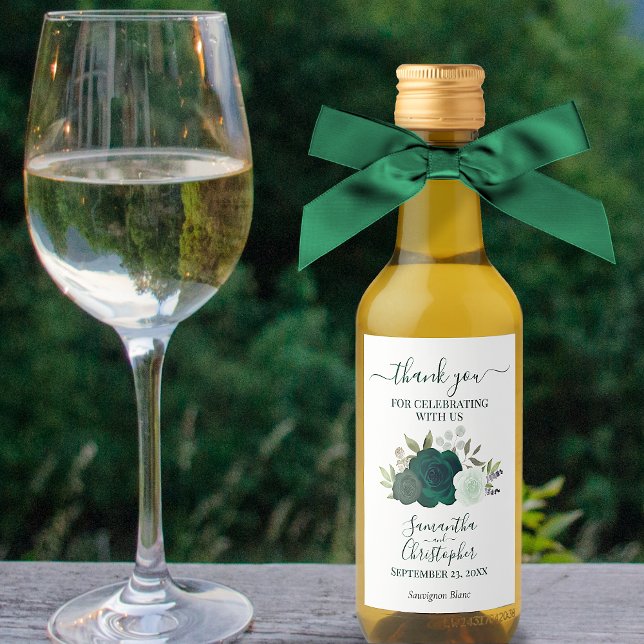 Emerald Green Boho Roses Wedding Thank You Mini Wine Label (In Situ with Bow)