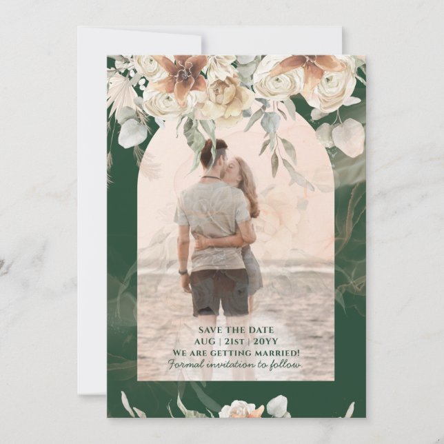 Emerald Green BOHO Terracotta Floral Wedding Save The Date (Front)