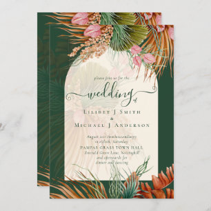 Emerald Green Boho Tropical Pampas Grass Wedding Invitation
