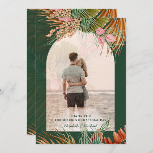 Emerald Green Boho Tropical Pampas Grass Wedding Thank You Card