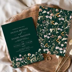 Emerald Green Boho Wildflower Garden Wedding Invitation