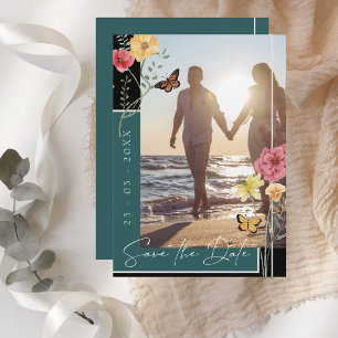 Emerald Green Boho Wildflower Photo Save the Date