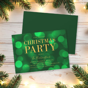 Emerald Green Bokeh Lights Gold Christmas Party Invitation