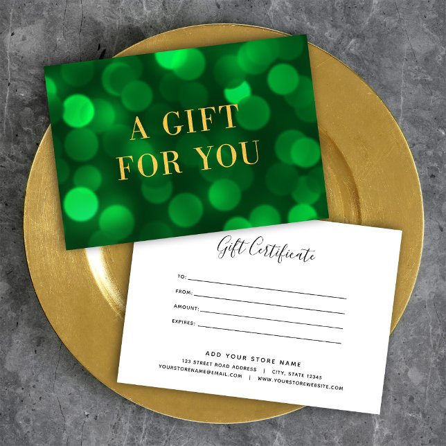 Emerald Green Bokeh Lights Gold Gift Certificate (Creator Uploaded)