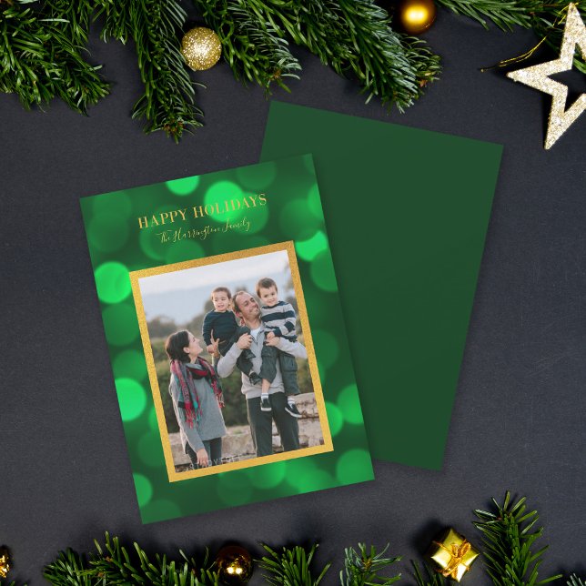 Emerald Green Bokeh Lights Gold Happy Holidays Holiday Card (Creator Uploaded)