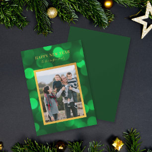 Emerald Green Bokeh Lights Gold Happy New Year Holiday Card