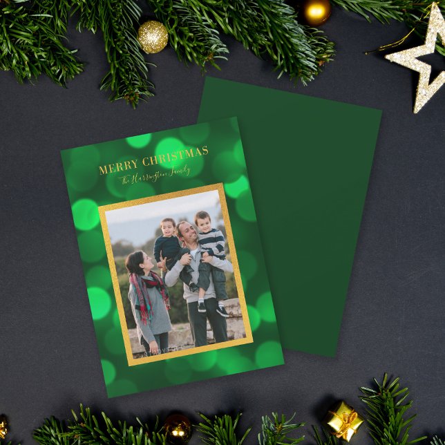 Emerald Green Bokeh Lights Gold Merry Christmas Holiday Card (Creator Uploaded)