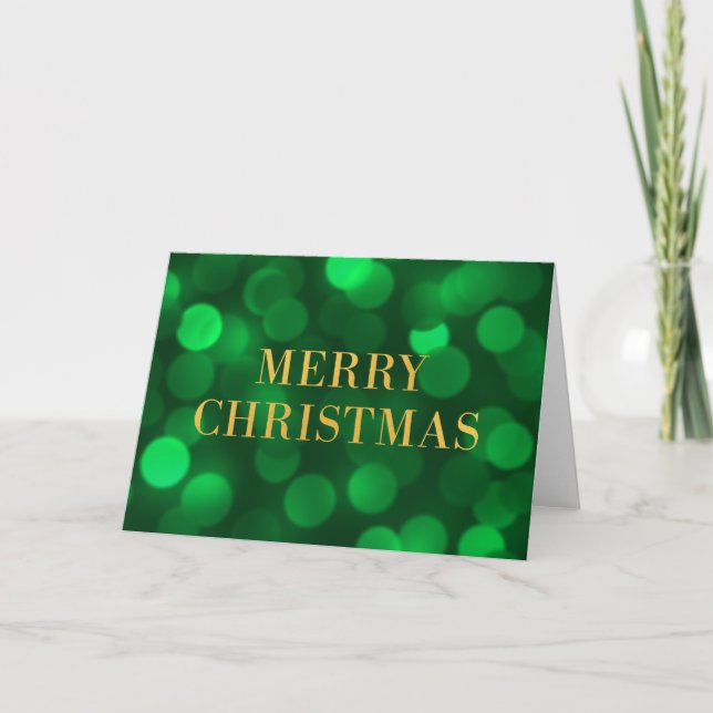 Emerald Green Bokeh Lights Gold Merry Christmas Holiday Card (Front)