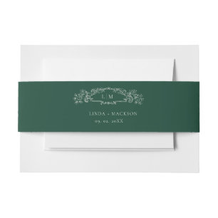 Emerald Green botanical crest monogram wedding Invitation Belly Band