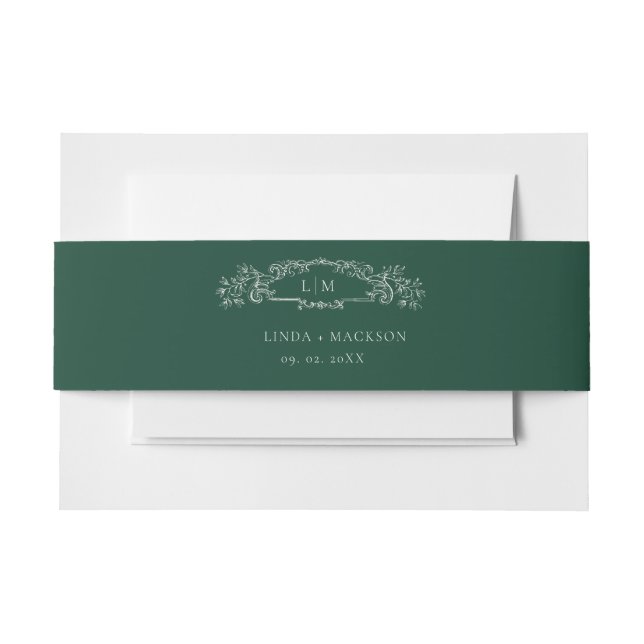 Emerald Green botanical crest monogram wedding Invitation Belly Band (Front Example)