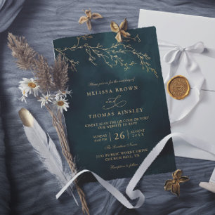 Emerald Green Botanical Elegant QR Code Wedding Invitation