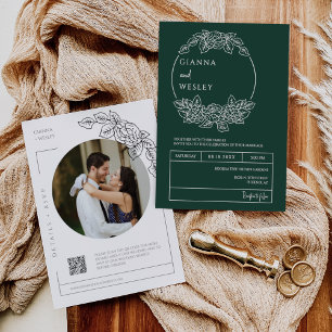 Emerald Green Botanical Line Art QR Code Photo Invitation