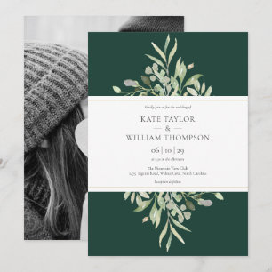 Emerald Green Botanical Photo Wedding Invitation