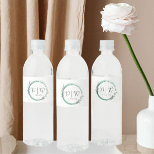 Emerald Green Botanical Wreath Monogram Wedding Water Bottle Label
