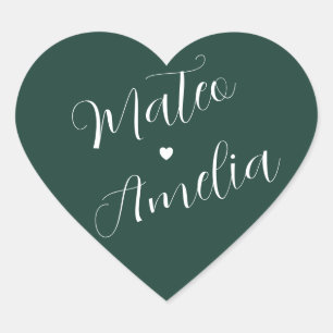 Emerald Green Bride and Groom Names on Wedding Heart Sticker