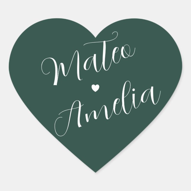 Emerald Green Bride and Groom Names on Wedding Heart Sticker (Front)