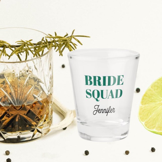 Emerald Green Bride Squad Bachelorette Party Shot Glass (In Situ)